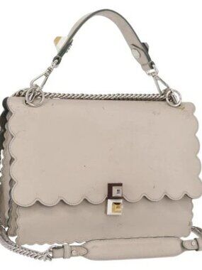 FENDI Chain Canai Shoulder Bag Leather 2way Gray Silver Auth 164928